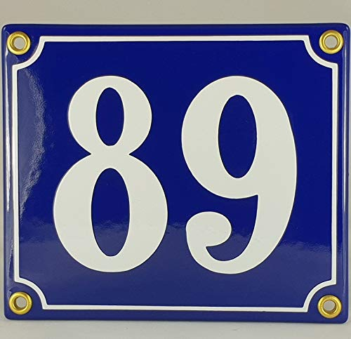 Hausnummer Emaille Schild Nr. 89 Blau-Weiß Handarbeit mit Schrauben und Dübel zur Montage