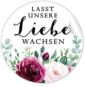 48 STICKER Hochzeit LASST UNSERE LIEBE WACHSEN • BOHO HIPPIE STYLE BLÜTEN ROSEN GRÜN ROT ROSA SCHWARZ • Samentüten Blumentöpfe Reagenzgläser Gastgeschenk Deko Selbstgemachtes • 4cm rund matt