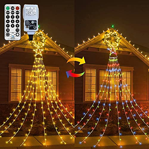 CORST Outdoor Star Curtain Lights Mains Powered,Roof Eaves Fairy Lights Outside Window Curtain Lights Plug in 335 LED Warm White Multi-Colour Waterproof with Remote for Tree Room Gazebo Decor