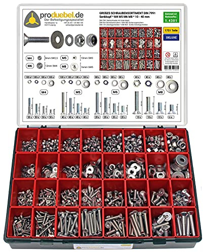 Großes Schrauben-Sortiment DIN 7991 Senkkopf M4/M5/M6/M8 Edelstahl A2 V2A (DIN 7991+934+985+125+9021) 1751-tlg (Deluxe-Box)