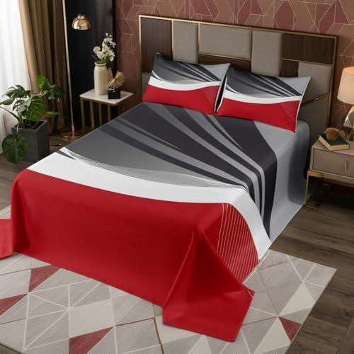 feelingyou Rot Grau Tagesdecken-Set 240×220 cm,Abstrakte Linien Ripple Bett-/Sofabezug 3-teilig für Mädchen Teens,Wellenmuster Retro-Steppdecken-Set mit 2 Kissenbezügen, Weiches Polyester