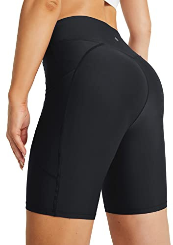 baleaf Women's 8 High Waisted Swim Shorts Bottoms Tummy Control Long Rash Guard Shorts with Pockets Swimsuits Tankini Bottoms Bathing Suits UPF 50+ Black L