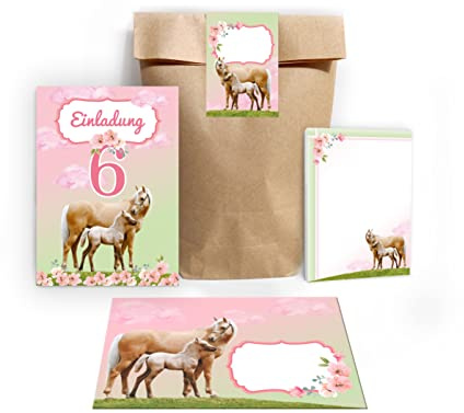 Junapack 12 Einladungskarten zum 6. Kindergeburtstag sechste Geburtstag Mädchen Pferd mit Fohlen incl. 12 Umschläge, 12 Tüten/Natur, 12 Aufkleber, 12 Blöcke