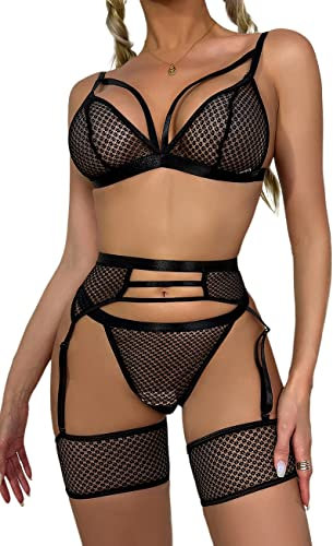 marysgift Lingerie Set for Women 4 Piece Bra and Panty Set with Garter Belt Strappy Underwear Babydoll Nightwear Black M UK 10 12 (D2101)