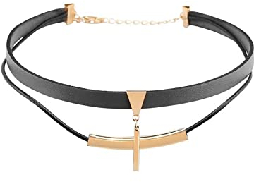 Stfery Kreuz Kette, Choker Kette Vergoldet Halsband aus Pu-Leder Halskette Schwarz Frauen Schmuck 38CM Beste Freundin Geschenke