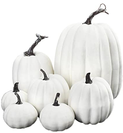 Baoblaze 7 Stück Künstliche Kürbisse Kürbis Deko Zierkürbis Künstlicher Kürbis Kunstpflanze Set für Halloween Dekoration Herbstdeko Set,4 Size, Weiß