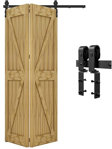 QINAIXQM 122 cm/4 fot dubbelvikt skjutdörrsbeslag skjutdörrssystem skjutdörr komplett uppsättning svart för 2 trädörrar 59 cm bred