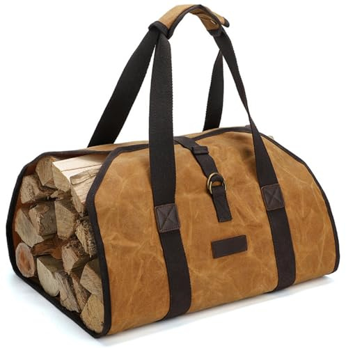 JTZXJJX Outdoor Firewood Carrier Tote Bag, Waxed Canvas Fireplace Log Carrier Holder for Carrying Wood Indoors & Outdoor