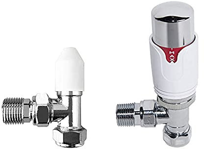 Válvula termostática en ángulo Válvula de radiador de baño TRV Grifos de calefacción Central de 15 mm con válvula en ángulo Manual Gratis Blanco y Cromo