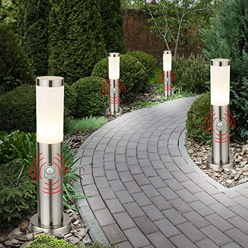 Außenleuchte mit Bewegungsmelder Stehlampe Gartenleuchte Edelstahl Wegeleuchte, silber, 1x E27, DxH 7,6x45 cm, 4er Set