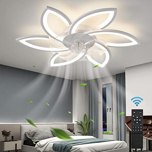 ZHMDJDSH Ventilatore da soffitto con telecomando della luce, 30 pollici, 6 velocità, 3 colori, geometrico, senza pale, ventilatore da soffitto con luci, colore bianco, a basso profilo, montaggio a