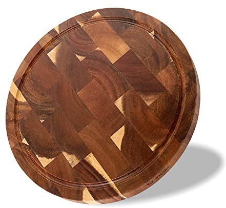 Acacia Wood Chopping Board, TJ POP Round Wood Cutting Board 30 x 30 x 2.5cm, Premium Kitchen Cutting Board with Non-Slip Feet for Cutting Meat, Vegetables, Fruit and Cheese