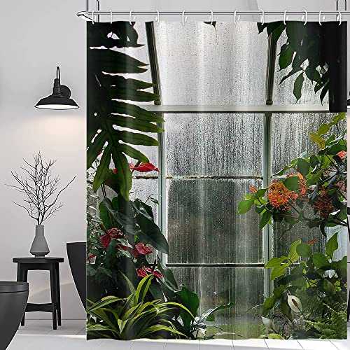 Umpoo Greenhouse Flower Room Shower Curtains Spring Glass Flowers Green Plants Interior Garden Scenic Machine Washable Fabric Bathroom Curtains Set with Hooks, 72.00 x 72.00