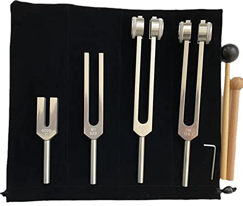 Diapason,Diapason 128hz Thérapeutique,Jeu de 4 diapasons (128 Hz, 136.1 Hz, MI 528 Hz, 4096 Hz) idéal pour la thérapie, pour la thérapie des chakras, la thérapie sonore, l'anti-stress.