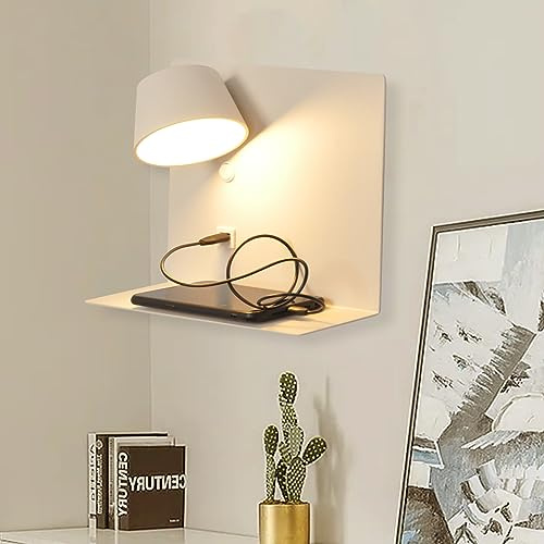 SUNLLOK Moderne Lese LED Wandleuchte mit USB Ladeanschluss & Regalen – Verstellbar Warmweiß Flexibler Kopf Wandlampe – Innen Wandbeleuchtung Deko für Bad Wohnzimmer, Kinderzimmer (Weib., 3200 K)