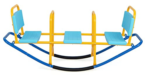 DREAMADE 3 Sitzer Kinder Wippe mit Rückenlehnen und Griffe, Schaukelwippe Metall 136x60x39cm, Karusselwippe Gartenwippe für Indoor und Outdoor, für Kinder 3-8 Jahren (Blau)