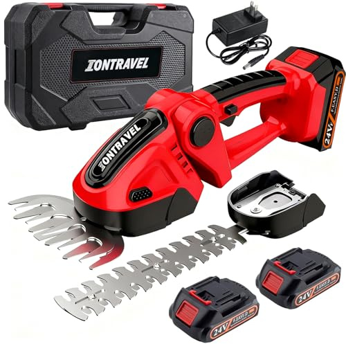 Cordless Hedge Trimmer-24V Electric Shrub Trimmer Grass Shears Handheld Grass Cutter, Hedge Shear with 2 PCS Rechargeable Battery, Charger and Toolbox to for Garden, Lawn, Red