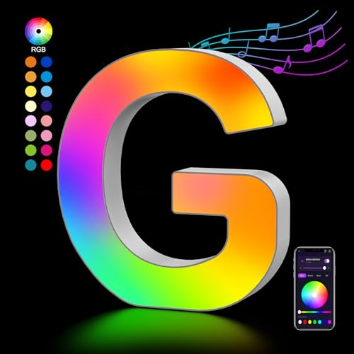 Lettere Luminoso con USB, APP Controllo Luci LED di Lettera Alfabeto, Figura a Cuore con Luce Colorate RGB per Decorazione e Atmosfera, Luci Notturne Scrivania, Compleanni, Matrimoni, Vetrine - G