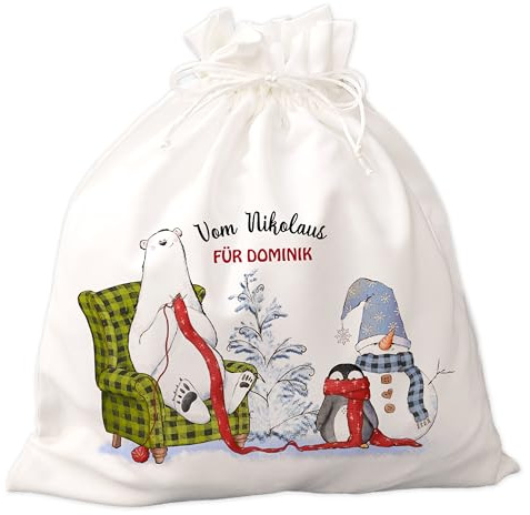 FEENSTAUB Nikolaussack mit Namen personalisiert, Weihnachten Verpackung, Geschenkesack, Nikolaussäckchen personalisiert, Weihnachtssack zum befüllen, Weihnachtstaschen Stoff Eisbär