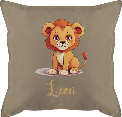 Kissen 50x50 - Löwen - Löwe König der Tiere LEU mit Namen - Zootiere Tiermotiv - 50 x 50 cm - Beige Natur - personalisiertes kinderkissen Kindergarten löwenmotiv Leon Kinder personalisierte Tier