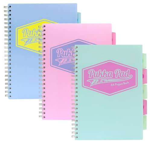 Pukka Pad Pastellfarbenes A4-Projektbuch – Packung mit 12 drahtgebundenen Notizbüchern mit 5 wiederverwendbaren Trennwänden und Aufbewahrungstaschen & Registerkarten für Organisation und