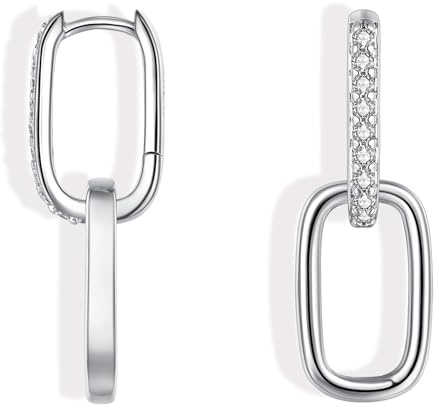 Cangall Convertible Link Earrings for Women, 925 Sterling Silver Double Oval Hoop Earrings, Paperclip Link Chain Earrings, Hypoallergenic Small Silver Sleeper Earrings with Geometric Drop Earrings