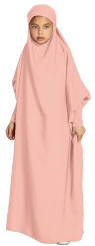 OBEEII Mädchen Hijab Muslimisch Kleid Einfarbig Dubai Islamische Türkisches Katfan Muslimische Robe Rosa 11-12 Jahre