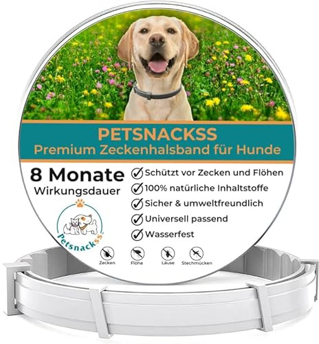 Zeckenhalsband für Hunde - 100% Natürliche Inhaltsstoffe - bis zu 8 Monate wirksamer Schutz gegen Zecken, Flöhe und Läuse - Universell passend (1er Pack)