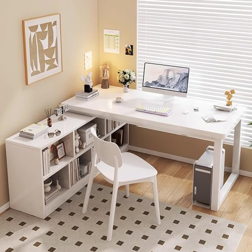 Eckschreibtisch, Computertisch, Gaming Tisch L Form mit Aufbewahrungsschrank, Kleiner Schreibtisch for Schlafzimmer, Moderner, Schlichter Stil, Weiß