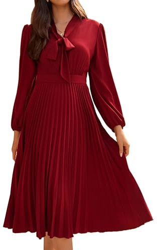 GRACE KARIN Women's Fall Winter Spring Tea Dress Long Sleeve V-Neck A-Line Retro Bow tie Red Wine 42