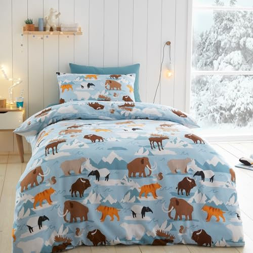 Happy Linen Company Girls Boys Kids Ice Explorer Animals Blue Double 100% Brushed Cotton Reversible Soft Easy Care Bed Linen Duvet Cover Quilt Bedding Set With Pillow Cases