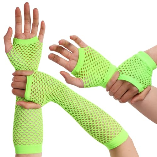 Giantree 2 pares de guantes de red sin dedos para mujer, color negro, verde neón, rosa neón, rojo, guantes de red de los años 80, mangas de red para Halloween, fiesta temática, disfraz de cosplay,