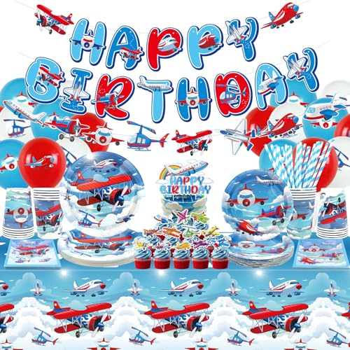 Airplane Birthday Decorations - Plates, Cups, Napkins, Tablecloth, Happy Birthday Banner, Balloon, Cake Toppers for Plane Theme Party and Baby Shower Supplies