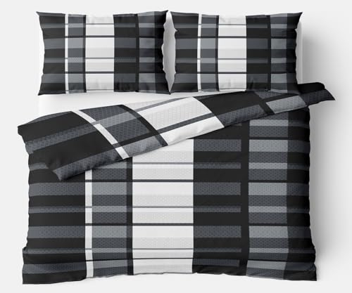 Leonado Vicenti Fleece Bettwäsche Set Kuschelig Warm Weich Schwarz Grau Weiß Kariert Ornamente Reißverschluss Winterbettwäsche, 200x220 cm, 3 teilig