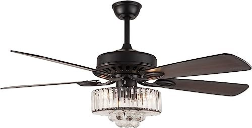 Ventilatori da soffitto in cristallo da 52 pollici con luce, ventilatori da soffitto con lampadario for fattoria con telecomando, ventilatore da interno in cristallo con 5 pale in legno reversibili ，L
