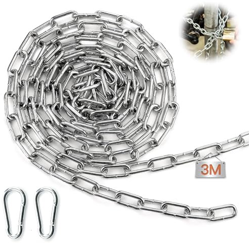 Mbsomnus Gliederkette Meterware mit Karabiner 3M Φ3 mm Metall Ketten Stahlkette Verzinkte Kette Meterware Rundstahlkette Schwere Ketten für Wäscheleine Hundekette Schaukeln Hängesessel Stahl