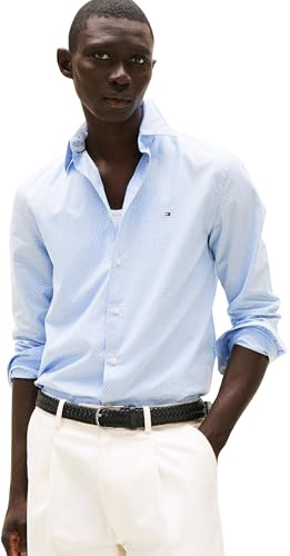 Tommy Hilfiger Uomo Camicia Flex Poplin Mini Print Regular Fit, Blu (Cloudy Blue), XL