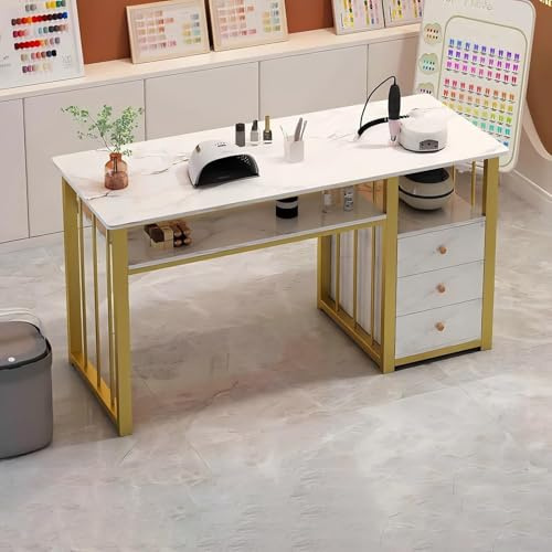 Fakednss Nageltisch Maniküretisch, Maniküre Tisch, Nagelstation mit goldenem Rahmen, Maniküre-Schreibtisch, Nail-Tech-Schreibtisch for Schönheitssalon, Spa oder Salon(Gold-C,100 * 40 * 76CM)