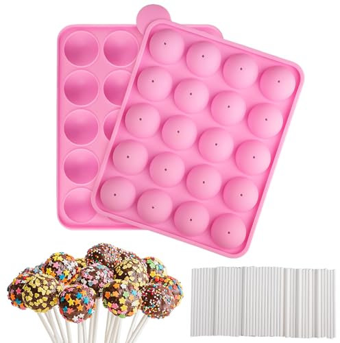 Velicber Moule Pop Cake, Moules à Lollipop Bonbon, 20 Cavités Moule à Bâtons Pops en Silicone, avec 100 Bâtonnets de Sucette pour Sucette Chocolat Gâteau Outils de Cuisson Bricolage, Rose
