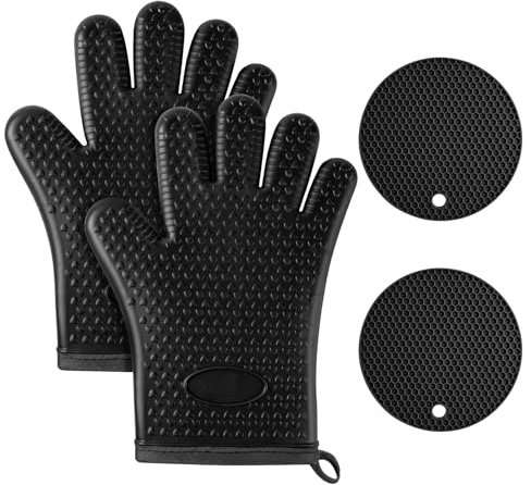 AUAUY Negro Guantes para Horno, Silicona Resistente al Calor 446 °F Manoplas Horno Antideslizantes, Guantes Horno Cocina con 5 Dedos, Hornear Cocinar Microondas, 2 Manteles Individuales Aislantes