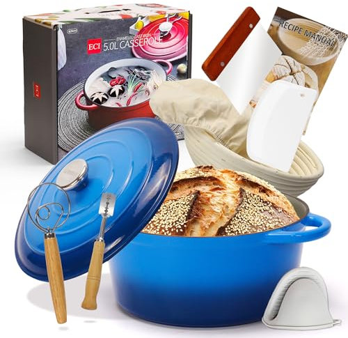 Enameled Cast Iron Dutch Oven with Proofing Basket, Non-Stick Ovenproof Casserole Pot, Dark Blue Dutch Oven for Braising, Stews, Roasting & Bread Baking 5Litres-26cm