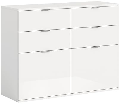 xonox.home Systemmöbel Projekt X Schuhschrank Schuhkommode Schuhregal Garderobenschrank Dielenschrank Flurmöbel Mehrzweckschrank in Front weiß Hochglanz Korpus weiß, ca.120x85x34 cm