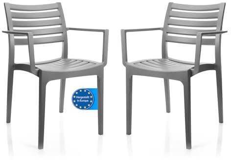 BigDean 2X Gartenstuhl stapelbar mit Armlehne Grau stapelbare Outdoor Stühle bis 160kg wetterfester Essstuhl – Made in Europe