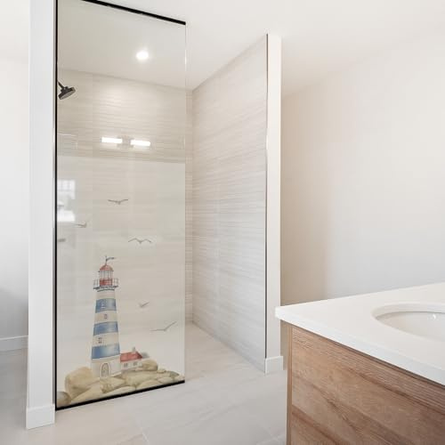 yabaduu YX001-16 Film brise-vue pour cabine de douche, motif phare, aquarelle, en verre dépoli, opaque, imperméable, film décoratif YX001-16 (60 x 90 cm)