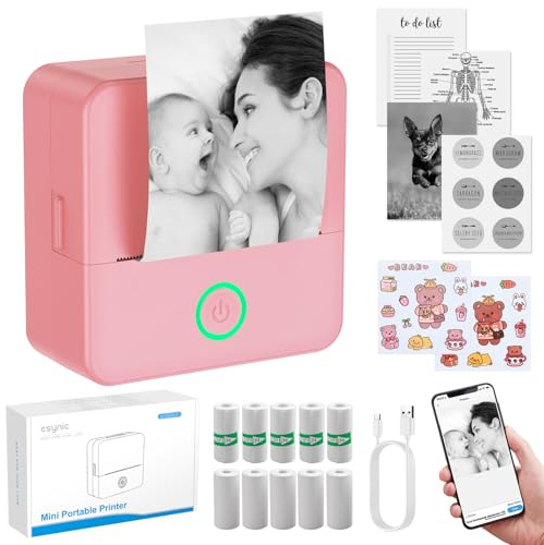 eSynic Mini Drucker – 200 DPI Thermodrucker Bluetooth Drucker für Smartphone, Kompakt und Tragbar, Kein Tintenbedarf, Ideal für Notizen, Etiketten, DIY-Projekte und mehr -Rosa