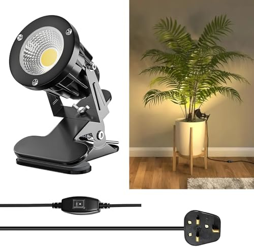 HomiShine LED Clip on Spot Light with On/Off Switch, IP65 Waterproof Plug in Spot Lights Plant Uplighters for Indoor Outdoor, 7W Clamp Lamp Garden Spotlight Mains Powered, 2M Cord, Warm White