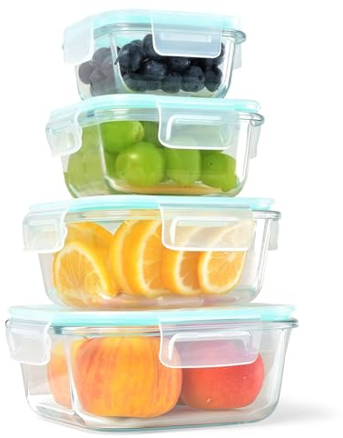 HOUSLUX Meal Prep Boxen Glasbehälter mit Deckel Glas Lebensmittelbehälter - Hochfest, Spülmaschinengeeignet & Auslaufsicher für tägliche Nutzung (320+520+800+1200ML)