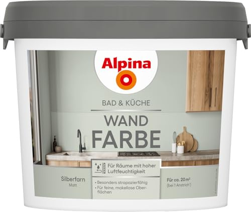 Alpina Bad & Küche Wandfarbe – matte Innenfarbe für Feuchträume, hohe Deckkraft & tropfgehemmt, streichfertige Wand- und Deckenfarbe für Bad & Küche – 2,5L (Silberfarn)