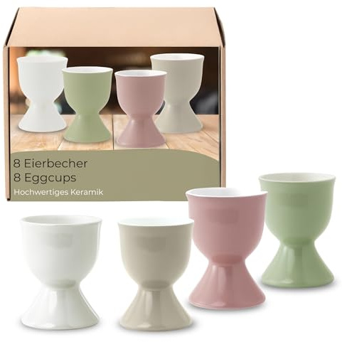 Lot de 8 coquetiers en céramique en 4 couleurs claires - Passent au lave-vaisselle - Pour table de petit-déjeuner