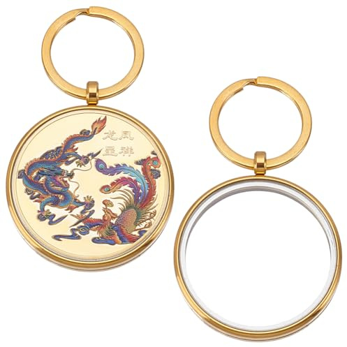 PLIGREAT 2 Pcs AA Coin Holder Keychain, 4 cm Gold AA Medallion Keychain Metal Charm Key Holders Round Glass Double-Sided Locket for 3.5 cm Diameter Coin Medallion